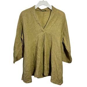 Cobblestone Linen Lagenlook Tunic Top Women L Olive Tan Coastal Beach Vacation